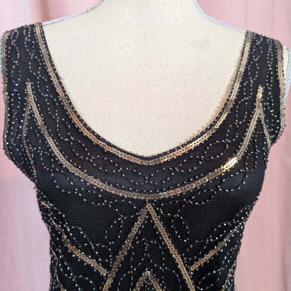 Retro Sequin Flapper Dress with Fringe Black and Gold Small - Picture 4 of 14